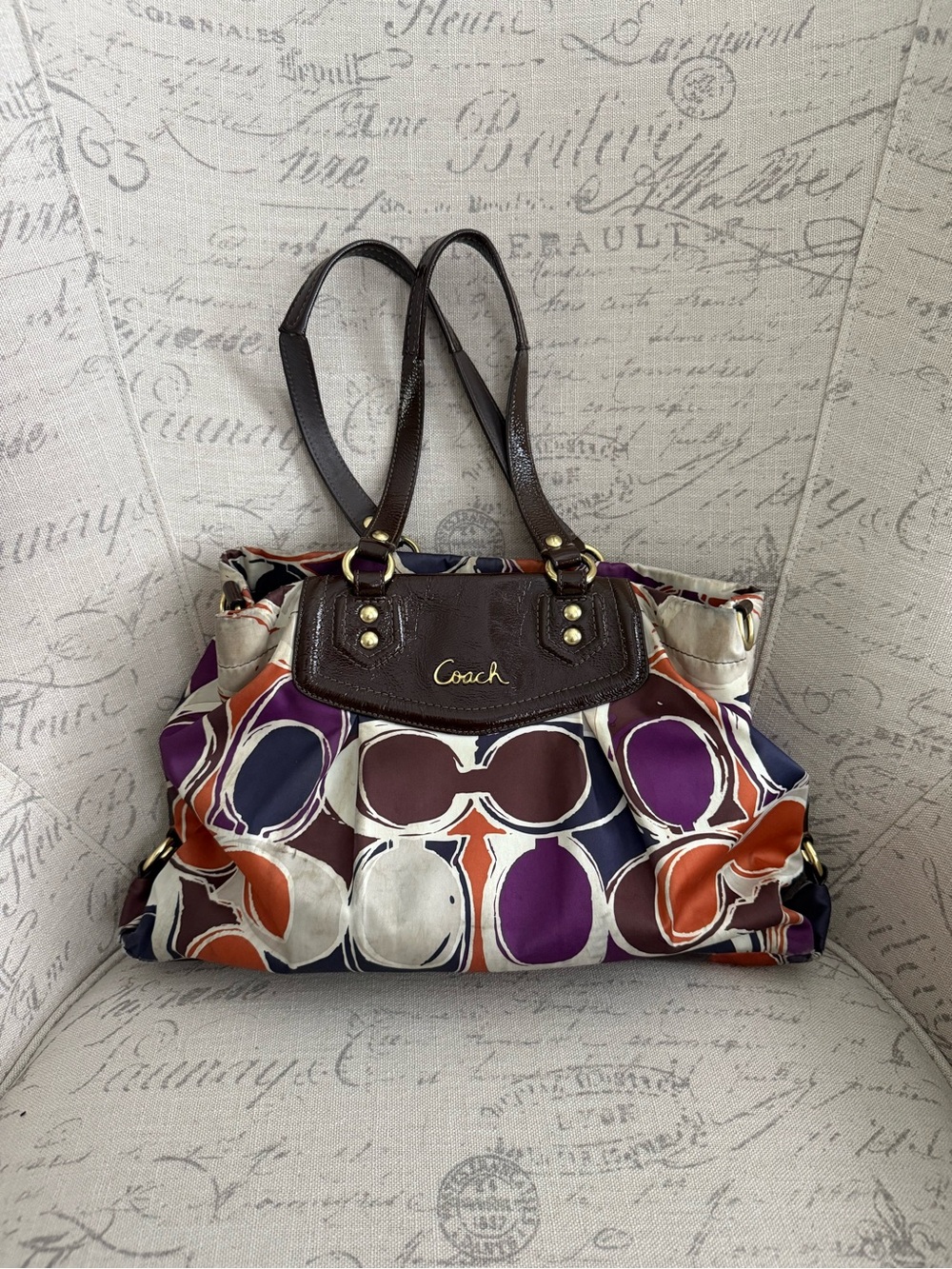 Coach Ashley Logo Scarf Print Sateen Purple Brown Patent Leather Tote Bag